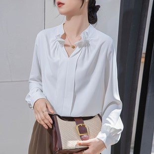 新款 荷叶边设计感V领显瘦雪纺衫 白色法式 女长袖 上衣 衬衫 2024春装