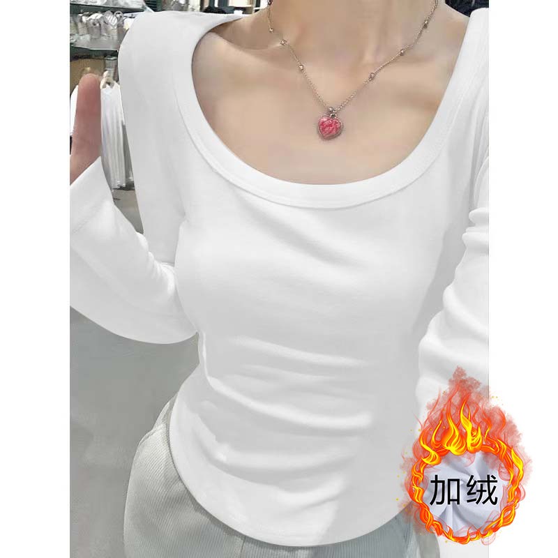 U领白色打底衫春秋冬季高级感内搭短款修身显瘦长袖t恤女加绒上衣