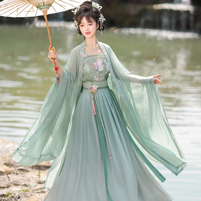 诃子裙汉服女款绿色唐制广袖流仙裙仙气飘飘改良版连衣裙古装夏季