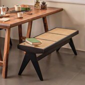 实木藤编长凳侘寂风简约黑色餐椅家用中古昌迪加尔换鞋 凳子长条凳