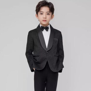 花童男童主持人礼服亮闪闪儿童小西装套装黑色婚礼男孩钢琴演出服