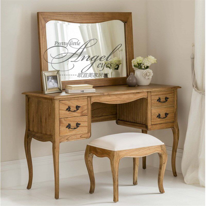美式乡村实木梳妆台法式复古做旧风化白化妆桌橡木原木书桌写字台