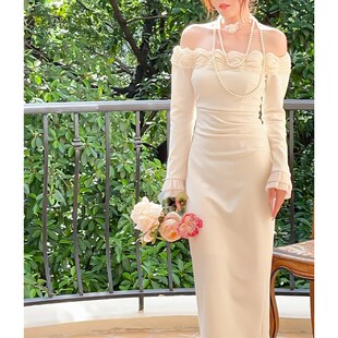 鹿与玫瑰新中式一字肩连衣裙气质高级白色领证订婚生日小礼服裙子