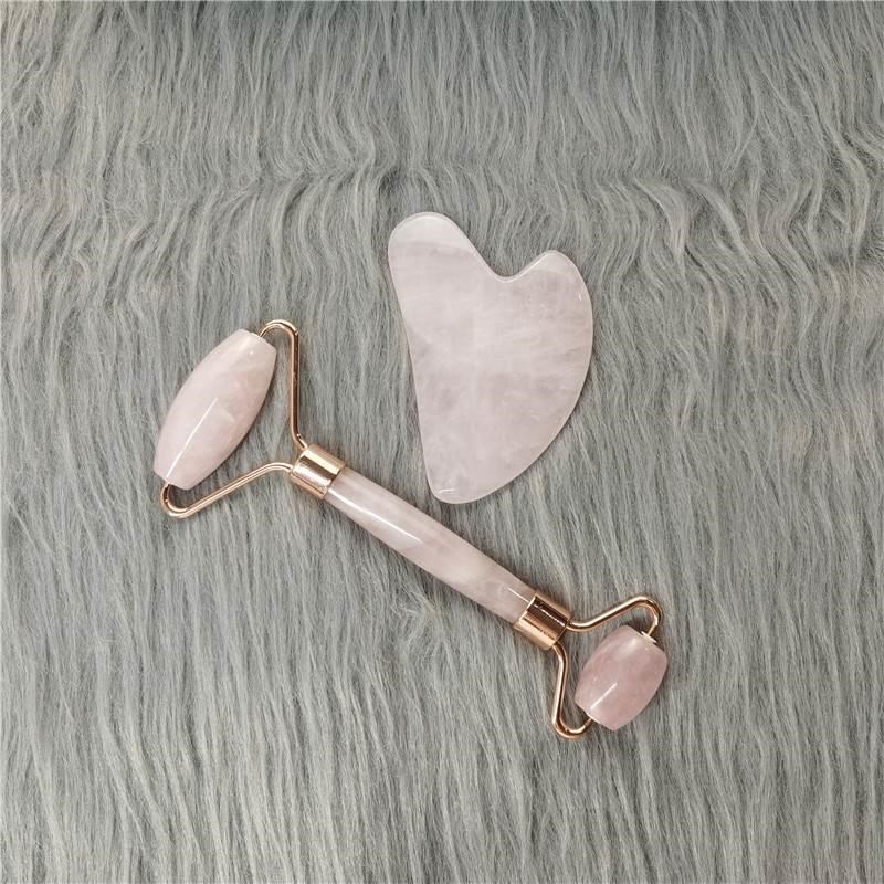 粉晶玉石滚轮按摩器面部脸部美容水晶玉石刮痧板经络拔筋棒套装