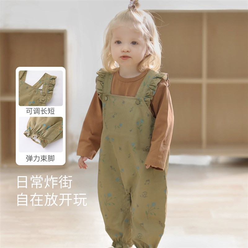 女宝宝背带裤纯棉小女童长裤春秋季儿童连身裤举重裤婴幼儿连体衣