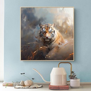 老虎客厅装 饰画中国风虎虎生威油画入户门玄关过道走廊正方形挂画