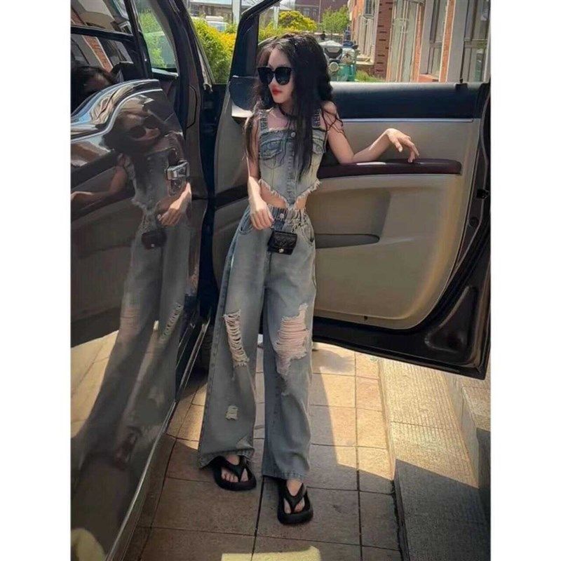 女童2024夏季复古牛仔套装港味吊带背心破两件套中大童洞阔腿长裤