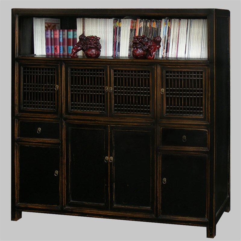 新中式仿古做旧家具餐边柜2屉8门格子碗柜实木卧室储物柜小书柜