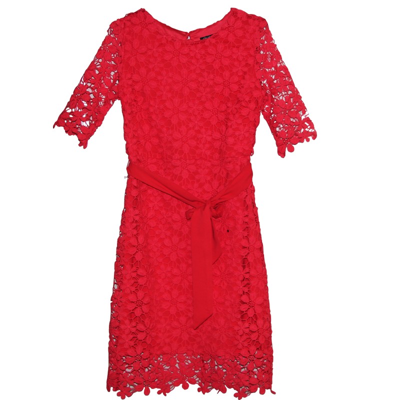 春秋大码职业女装年轻性感镂空玫红色直筒棉水溶花蕾丝连衣裙夏黑