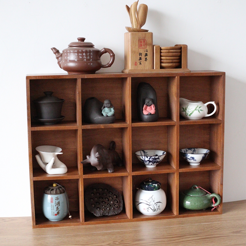 茶道实木搁板杯子收纳木格客厅茶具置物架墙面装饰壁挂创意格子架