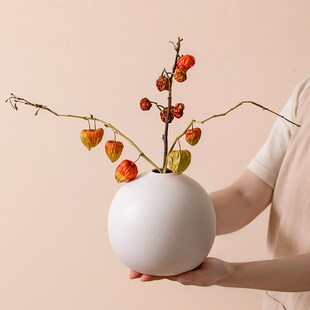 窄口圆形白色陶瓷花瓶小口径迷你桌上高级感日式插花侘寂禅意花器