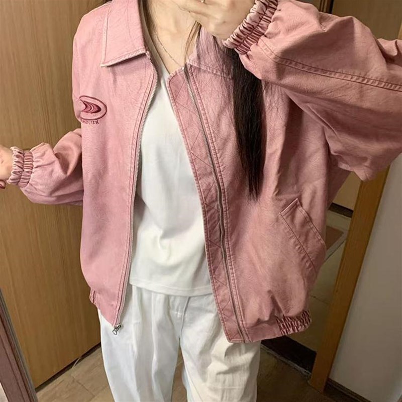 复古做旧粉色皮衣外套女2025年春秋季款高级感美式潮牌宽松夹克潮