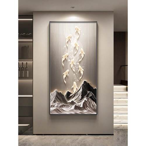 九鱼图入户门玄关装饰画现代轻奢高级感走廊过道挂画壁画大气山水