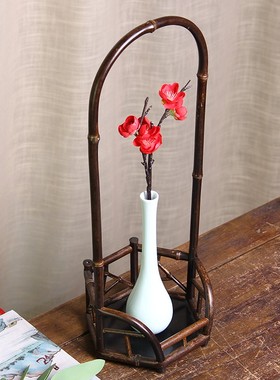 竹花架新中式禅意茶桌摆件客厅玄关装饰花瓶提架博古架插花台花器
