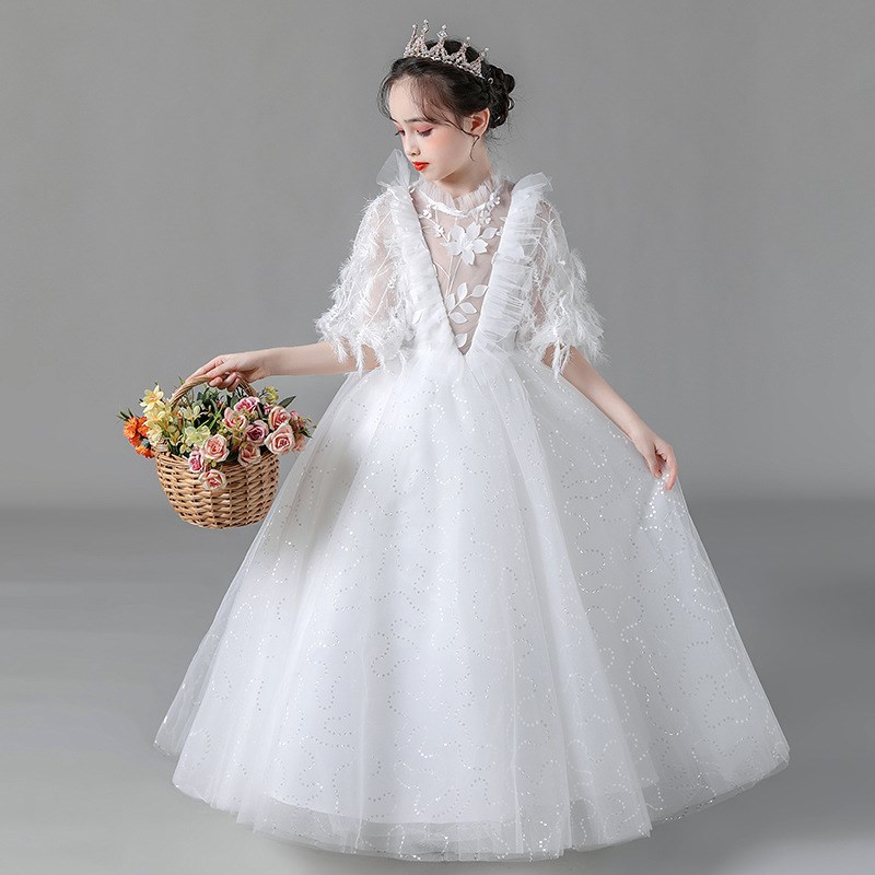 公主裙女童蓬蓬纱儿童婚纱裙礼服花童小女孩主持人钢琴演出服白色