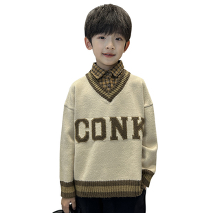 男童假两件毛衣春秋装新款2023秋冬季儿童衬衫领拼接针织衫中大童