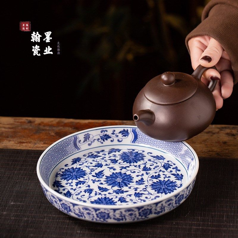 景德镇陶瓷仿古泥青花缠枝莲壶承单个干泡台家用盖碗托盘中式茶托