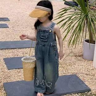 女童2024秋装复古宽松美式牛仔背带裤阔腿裤春秋儿童裤可爱风新款