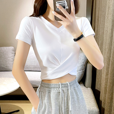 短款上衣女短袖白色小个子t恤女2021年新款V领性感高腰露肚脐夏装