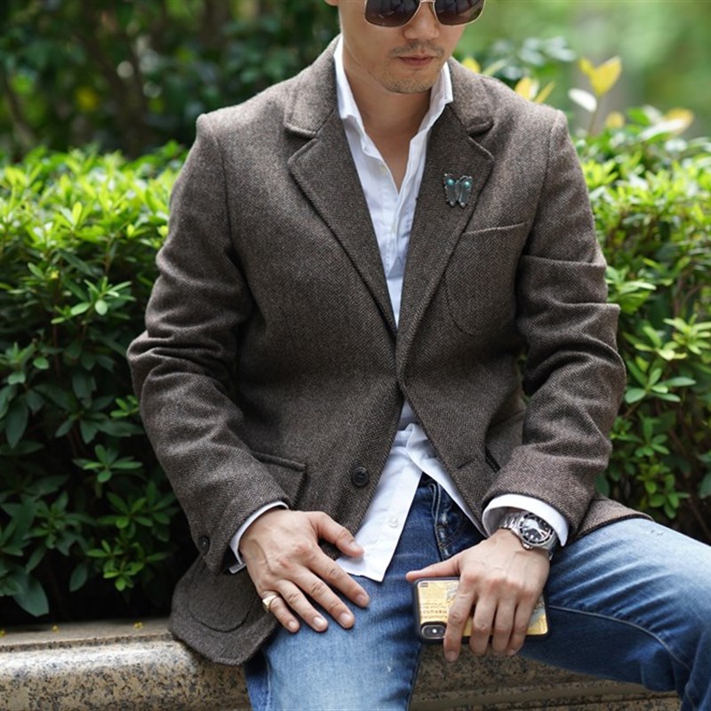 秋冬英伦复古大叔粗花呢羊毛人字纹猎装休闲西服外套男加大码潮男