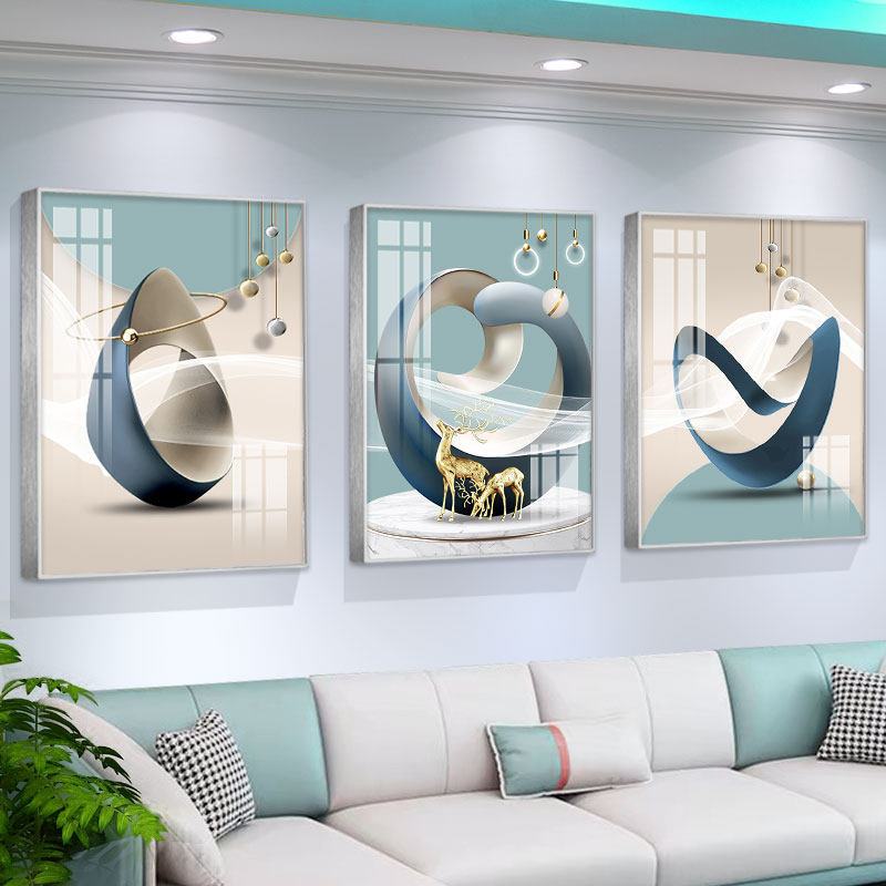 轻奢抽象沙发背景墙装饰画高级感客厅三联挂画简约大气镶钻晶瓷画