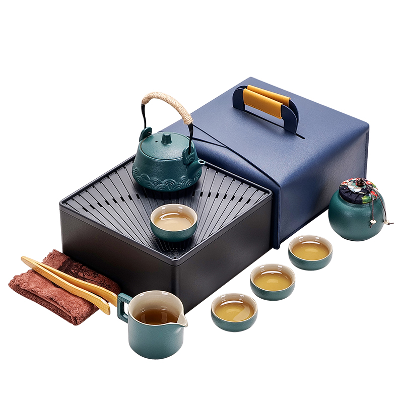 侧把小套茶具套装陶瓷旅行茶具一壶四杯家用便携包随身茶盘泡茶壶