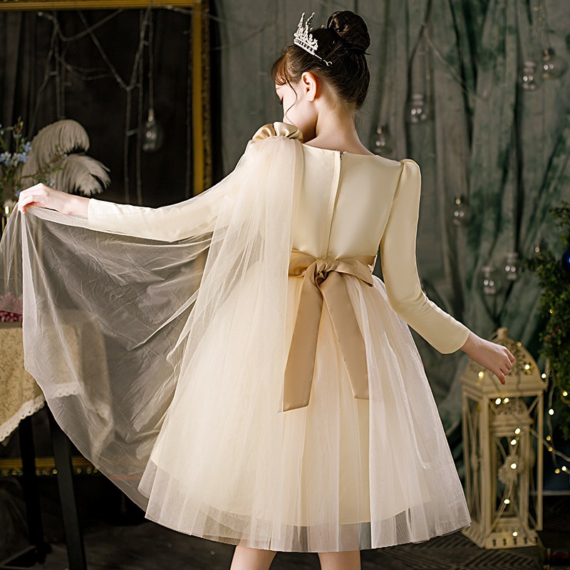 春秋冬儿童婚纱裙子花童公主裙女童装白色长袖连衣裙蓬蓬演出礼服