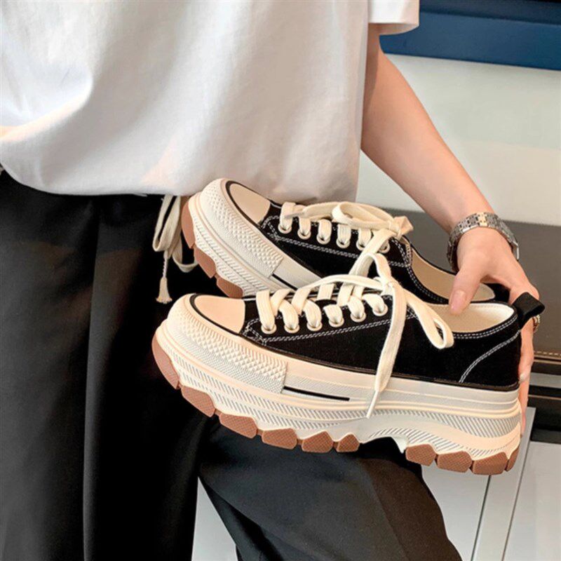 厚底帆布鞋女款2025年春秋新款小白鞋增高鞋子女黑色松糕休闲板鞋