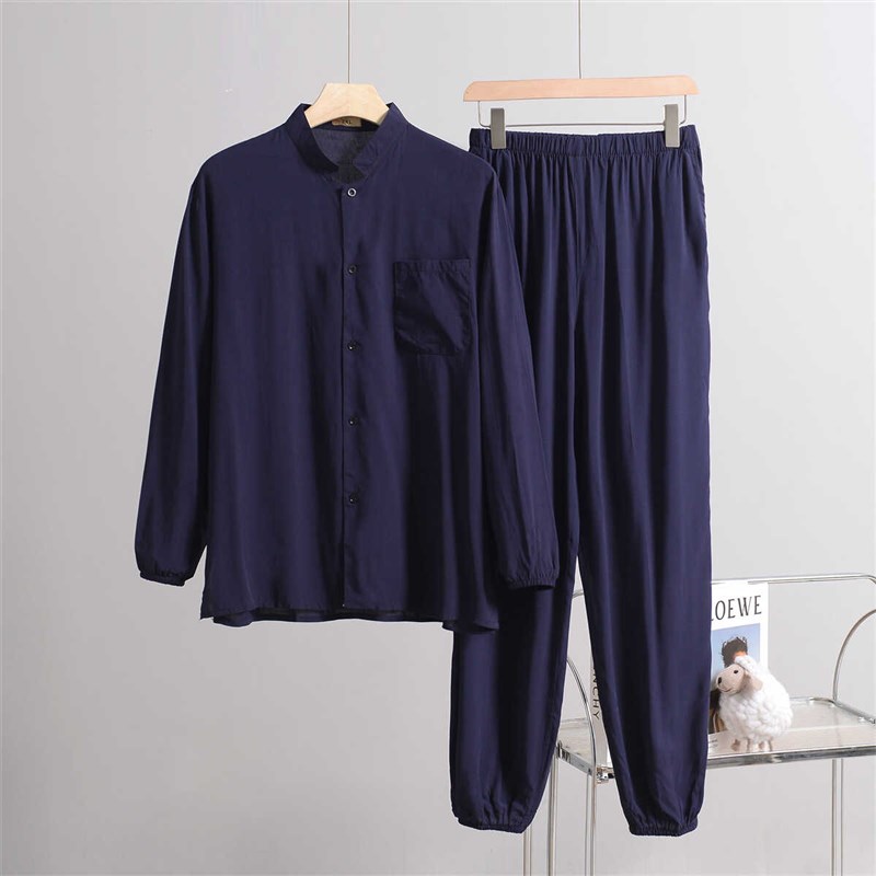 长袖人造棉棉绸薄款上衣中老年开衫爸爸夏装家居服长裤绵绸衬衣