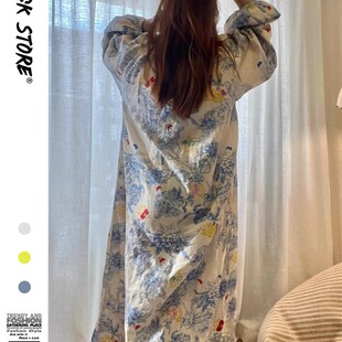 国风高级感复古印花长袖绵绸睡裙女春秋款新中式家居大码连衣裙子