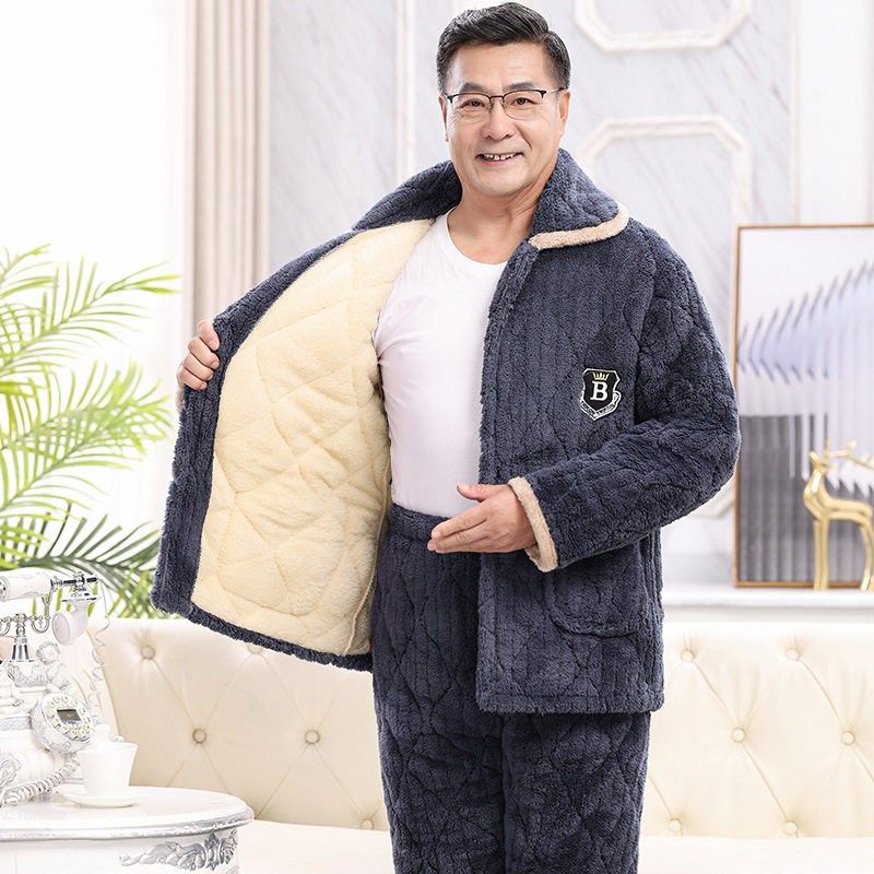 男士三层夹棉睡衣可外穿冬季加绒加厚保暖家居服套装湖南省服男款
