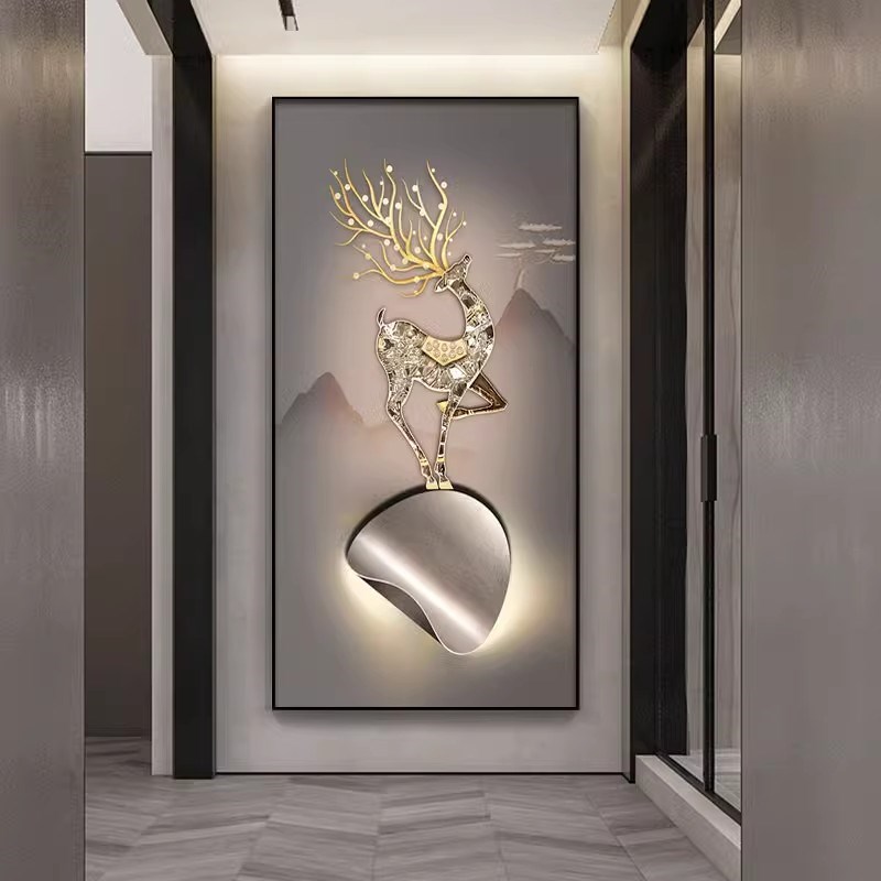 五福临门轻奢入户玄关装饰画寓意好鹿背景高端画客厅走廊过道挂画