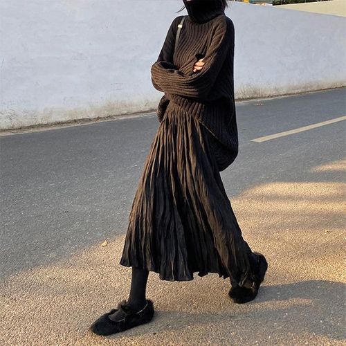 高腰半身裙秋季新款女装2024宽松显瘦褶皱中长款过膝a字百褶裙子