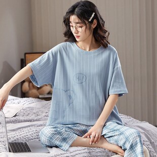 夏季短袖女士睡衣套装七分裤格子棉家居服夏天薄款可外穿卡通宽松