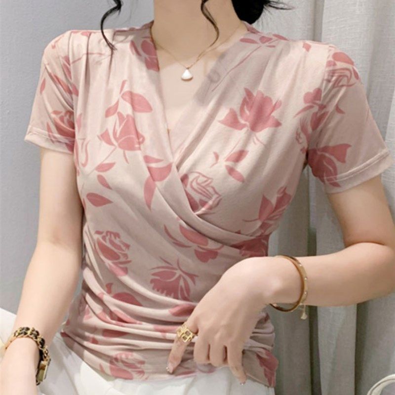 网纱t恤女夏季冰丝短袖2024交叉V领遮肚子洋气显瘦别致上衣小衫潮,女装/女士精品,T恤,淘宝优惠券,粉丝福利购,淘宝优惠卷