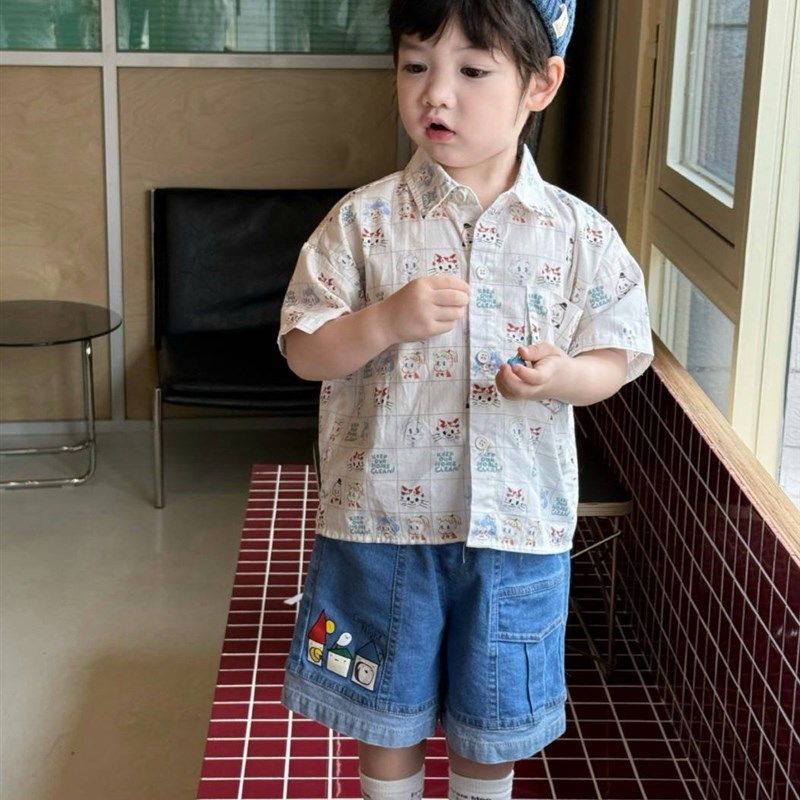 凡妈童装2025夏季新款男童小童韩版满印卡通小猫衬衫休闲牛仔短裤
