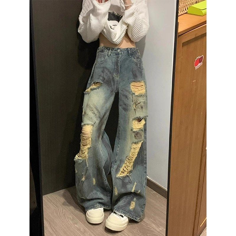 美式高街乞丐破洞牛仔裤男女夏季薄款微喇裤子慵懒风阔腿拖地长裤