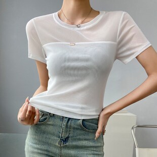 白色圆领修身正肩t恤短袖女上衣夏薄款轻奢高级感半透网纱打底衫