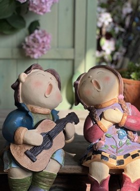 美式乡村人物摆件创意庭院装饰布置可爱娃娃雕塑户外阳台花园造景