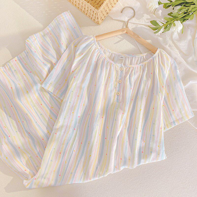 夏季薄款短袖睡裙甜美纯棉睡衣女款圆领套头宽松中长款裙子家居服