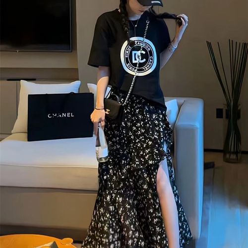 荷叶边碎花开叉半身裙女2024新款夏款大码中长款显瘦松紧过膝长裙