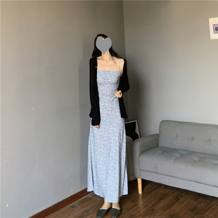 平口打揽细带吊带裙油画小碎花连衣裙一字领遮副乳长款到脚踝长裙