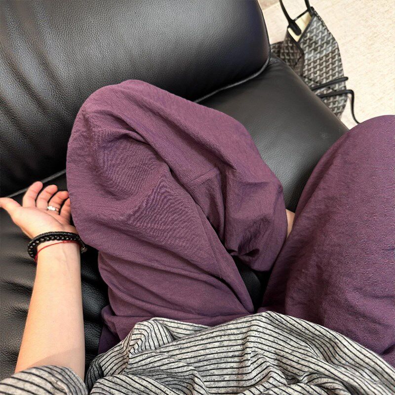 葡萄紫色夏季休闲 裤子女宽松bf慵懒风大尺码胖mm垂感显瘦山