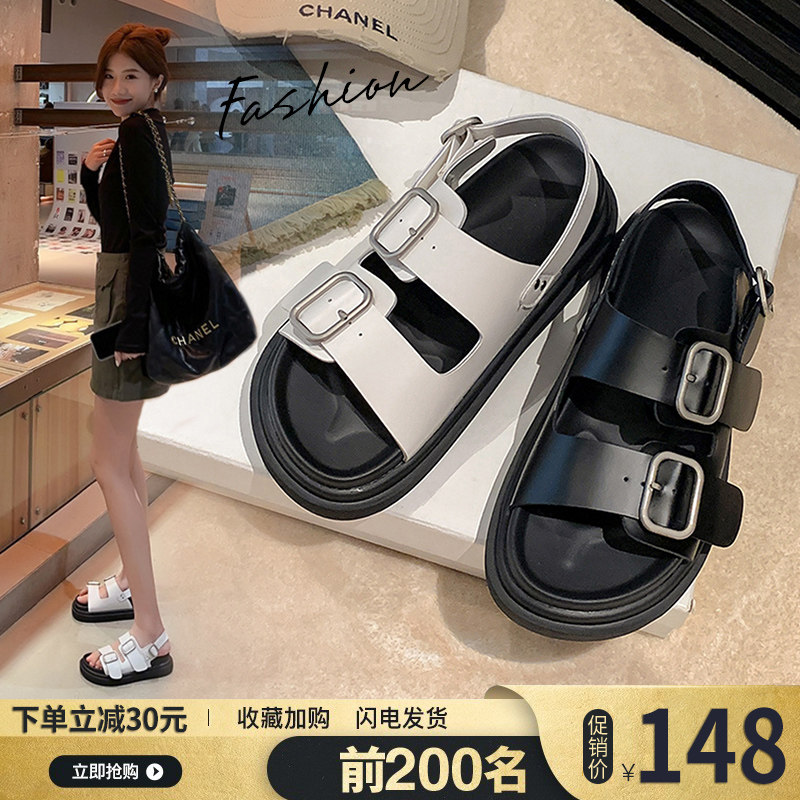 凉鞋女2025新款夏季外穿黑色百搭休闲运动平底沙滩皮扣带凉拖鞋女