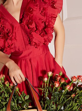 重工荷叶边红色中长款法式连衣裙小个子穿搭遮肉显瘦 70068