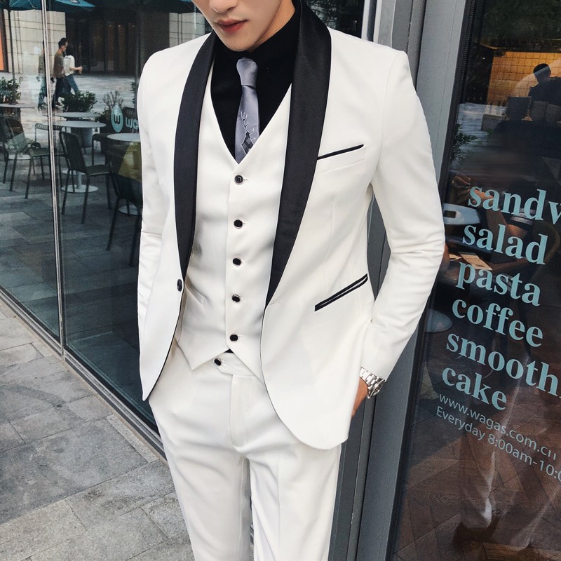 英伦风撞色西服套装主持演出婚礼服潮男士修身影楼摄影青果领西装