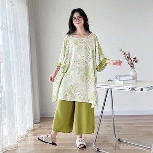 棉绸大码 宽松家居服套装 睡衣女夏季 胖mm200斤阔腿裤 短袖 国风薄款