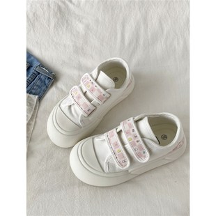 喜叔夏季百搭魔术贴小白鞋女款2025新款厚底面包鞋配裙子帆布板鞋