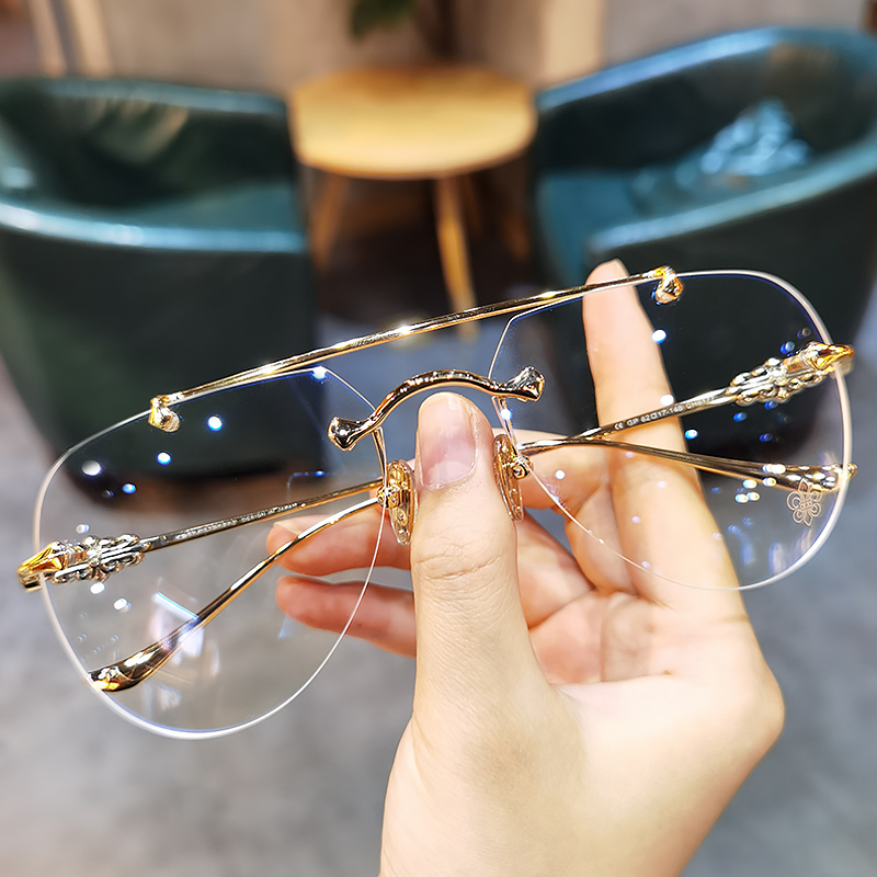 简丹剋萝心无框近视镜框男女百搭时尚双梁蛤蟆大脸大框护目眼镜架