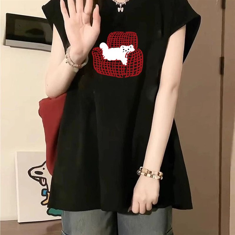 无袖T恤女纯棉大码胖MM圆领黑色上衣宽松夏季短袖坎肩中长款百搭